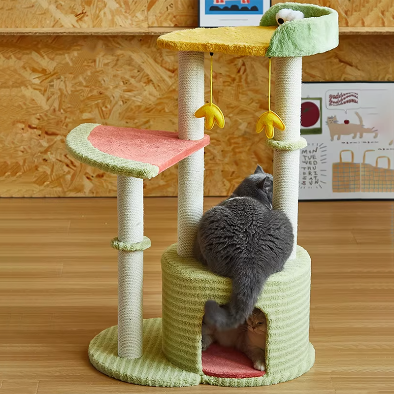 Contemporary Creative Round Particleboard Velvet Fabric Sisal Watermelon Cat Tree 3-Tier For Bedroom Cuvalon