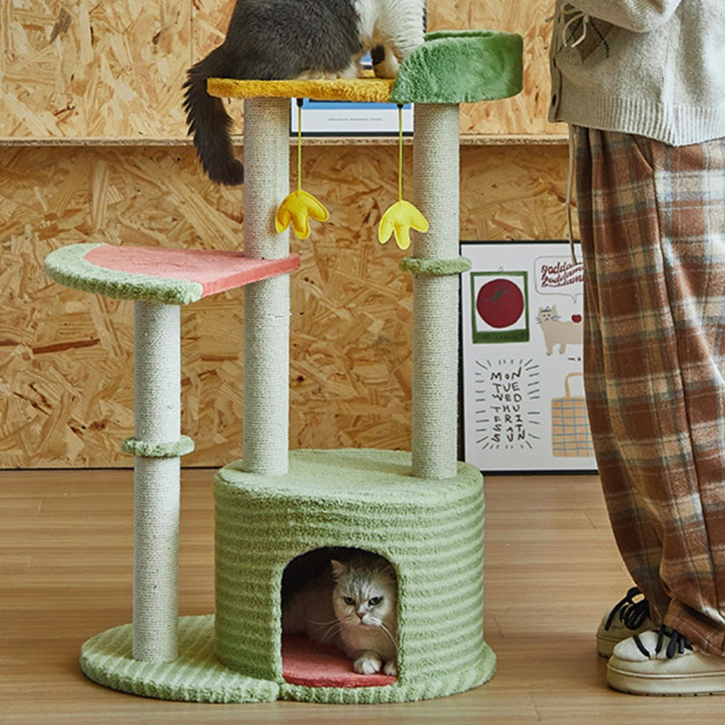 Contemporary Creative Round Particleboard Velvet Fabric Sisal Watermelon Cat Tree 3-Tier For Bedroom Cuvalon