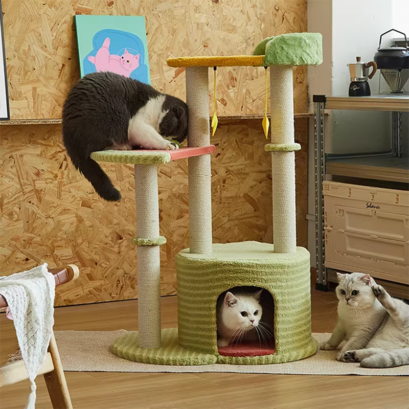 Contemporary Creative Round Particleboard Velvet Fabric Sisal Watermelon Cat Tree 3-Tier For Bedroom Cuvalon