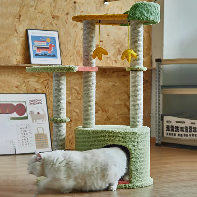 Contemporary Creative Round Particleboard Velvet Fabric Sisal Watermelon Cat Tree 3-Tier For Bedroom Cuvalon