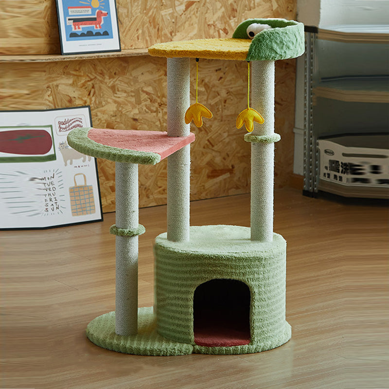 Contemporary Creative Round Particleboard Velvet Fabric Sisal Watermelon Cat Tree 3-Tier For Bedroom Cuvalon