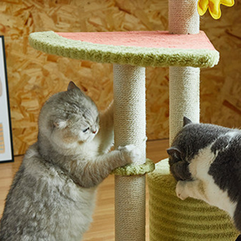 Contemporary Creative Round Particleboard Velvet Fabric Sisal Watermelon Cat Tree 3-Tier For Bedroom Cuvalon