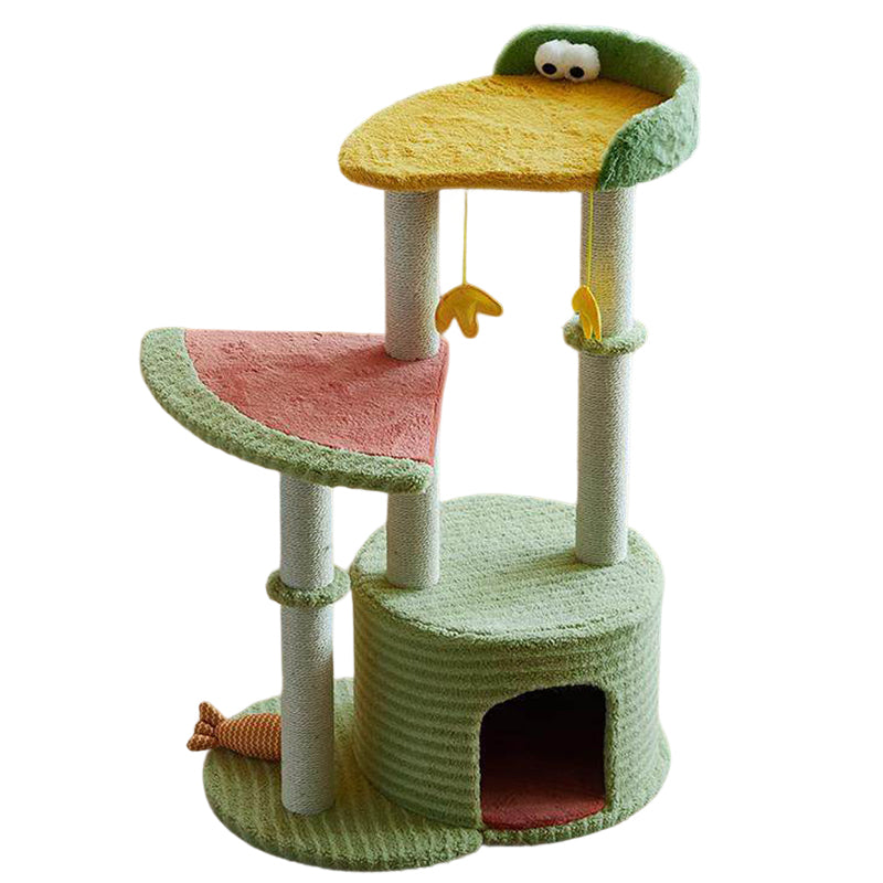 Contemporary Creative Round Particleboard Velvet Fabric Sisal Watermelon Cat Tree 3-Tier For Bedroom Cuvalon