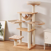 Contemporary Scandinavian Rectangular Rubberwood Pine Wood Pillar Corduroy Kraft Paper Rope Acrylic Cat Tree 5-Tier For Bedroom Cuvalon