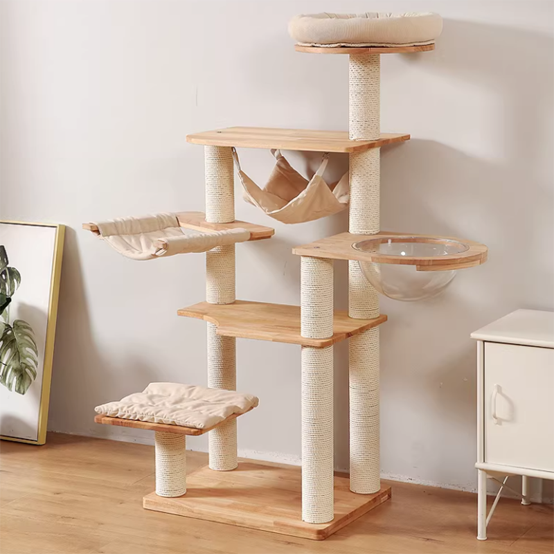 Contemporary Scandinavian Rectangular Rubberwood Pine Wood Pillar Corduroy Kraft Paper Rope Acrylic Cat Tree 5-Tier For Bedroom Cuvalon