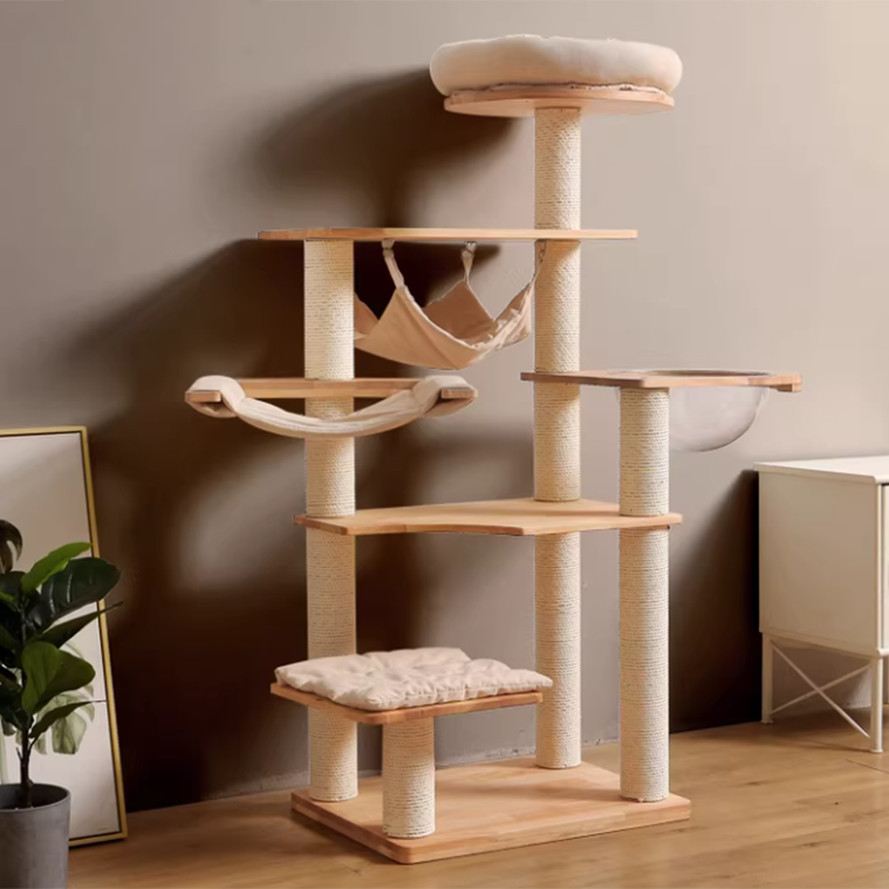 Contemporary Scandinavian Rectangular Rubberwood Pine Wood Pillar Corduroy Kraft Paper Rope Acrylic Cat Tree 5-Tier For Bedroom Cuvalon