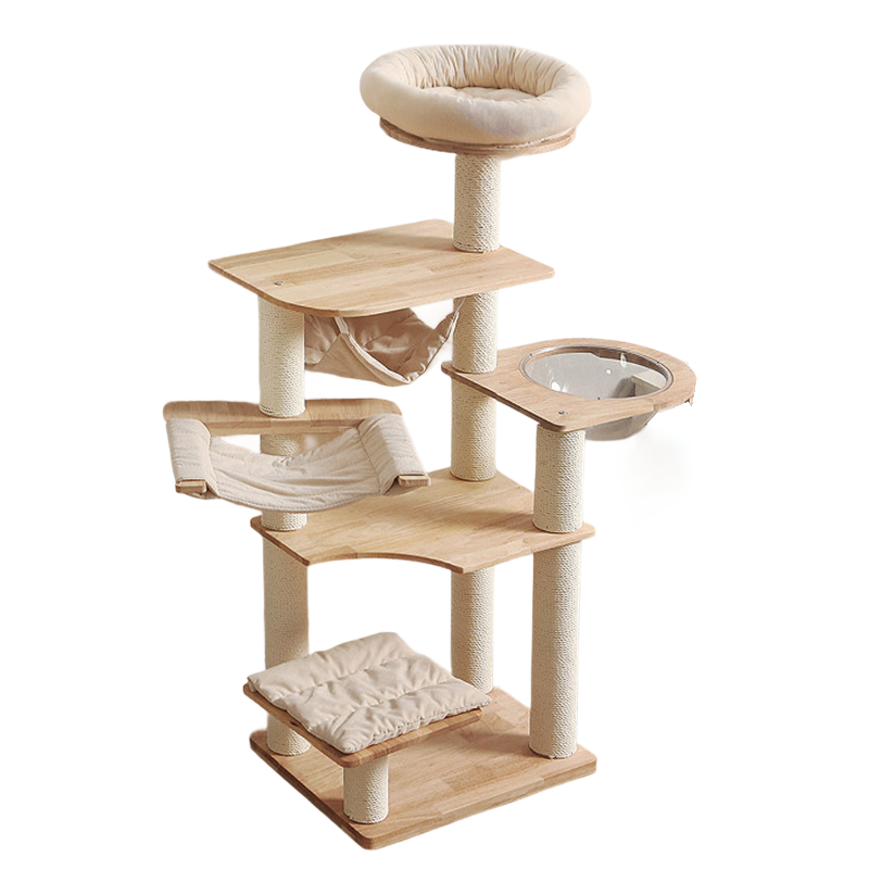 Contemporary Scandinavian Rectangular Rubberwood Pine Wood Pillar Corduroy Kraft Paper Rope Acrylic Cat Tree 5-Tier For Bedroom Cuvalon