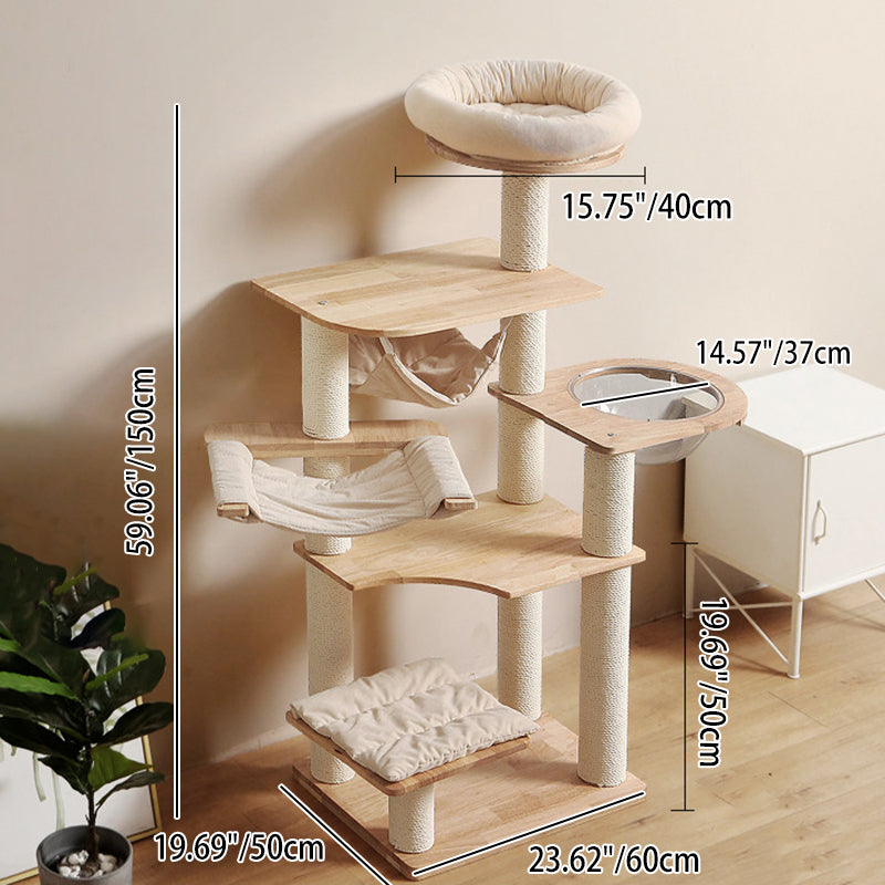 Contemporary Scandinavian Rectangular Rubberwood Pine Wood Pillar Corduroy Kraft Paper Rope Acrylic Cat Tree 5-Tier For Bedroom Cuvalon