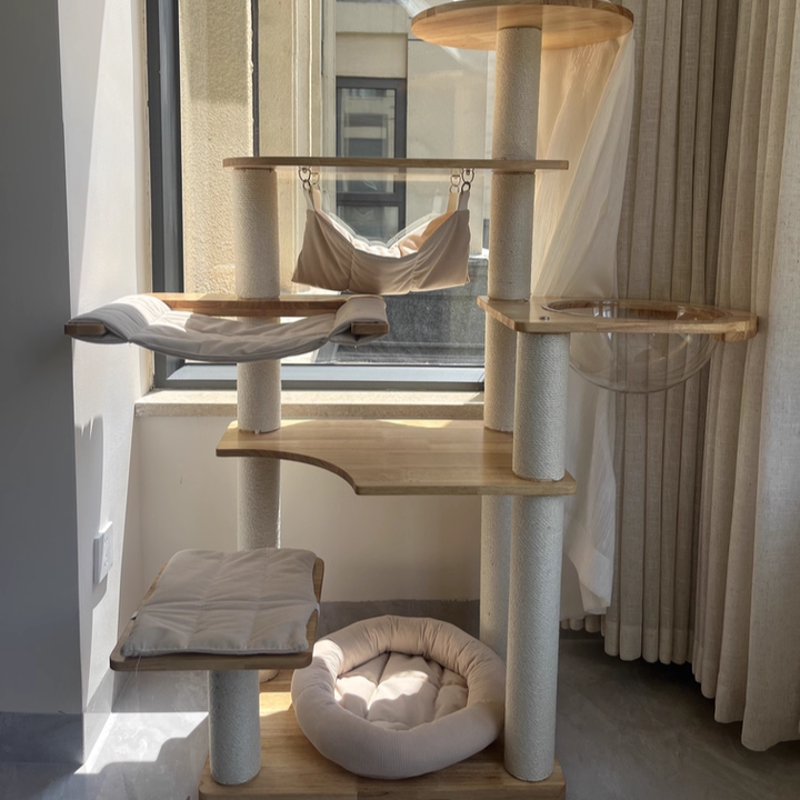 Contemporary Scandinavian Rectangular Rubberwood Pine Wood Pillar Corduroy Kraft Paper Rope Acrylic Cat Tree 5-Tier For Bedroom Cuvalon