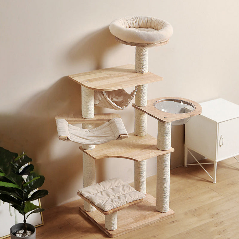 Contemporary Scandinavian Rectangular Rubberwood Pine Wood Pillar Corduroy Kraft Paper Rope Acrylic Cat Tree 5-Tier For Bedroom Cuvalon