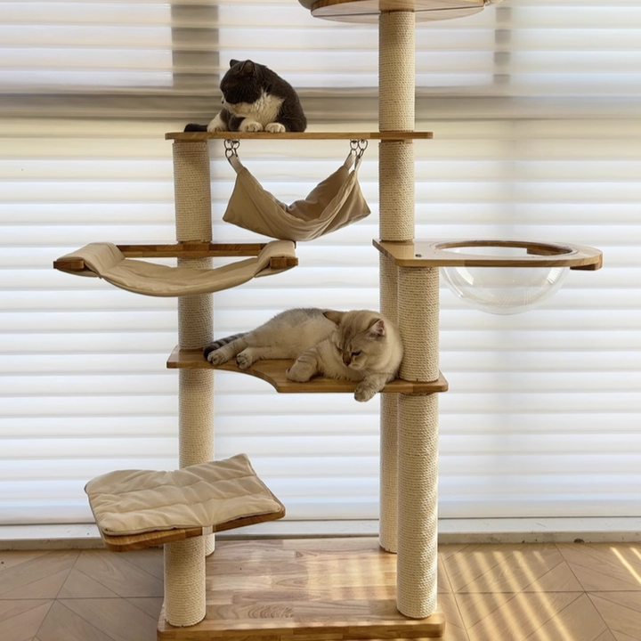 Contemporary Scandinavian Rectangular Rubberwood Pine Wood Pillar Corduroy Kraft Paper Rope Acrylic Cat Tree 5-Tier For Bedroom Cuvalon