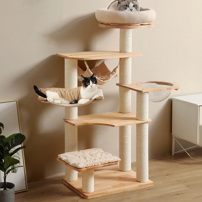 Contemporary Scandinavian Rectangular Rubberwood Pine Wood Pillar Corduroy Kraft Paper Rope Acrylic Cat Tree 5-Tier For Bedroom Cuvalon