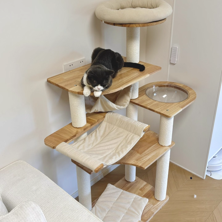 Contemporary Scandinavian Rectangular Rubberwood Pine Wood Pillar Corduroy Kraft Paper Rope Acrylic Cat Tree 5-Tier For Bedroom Cuvalon