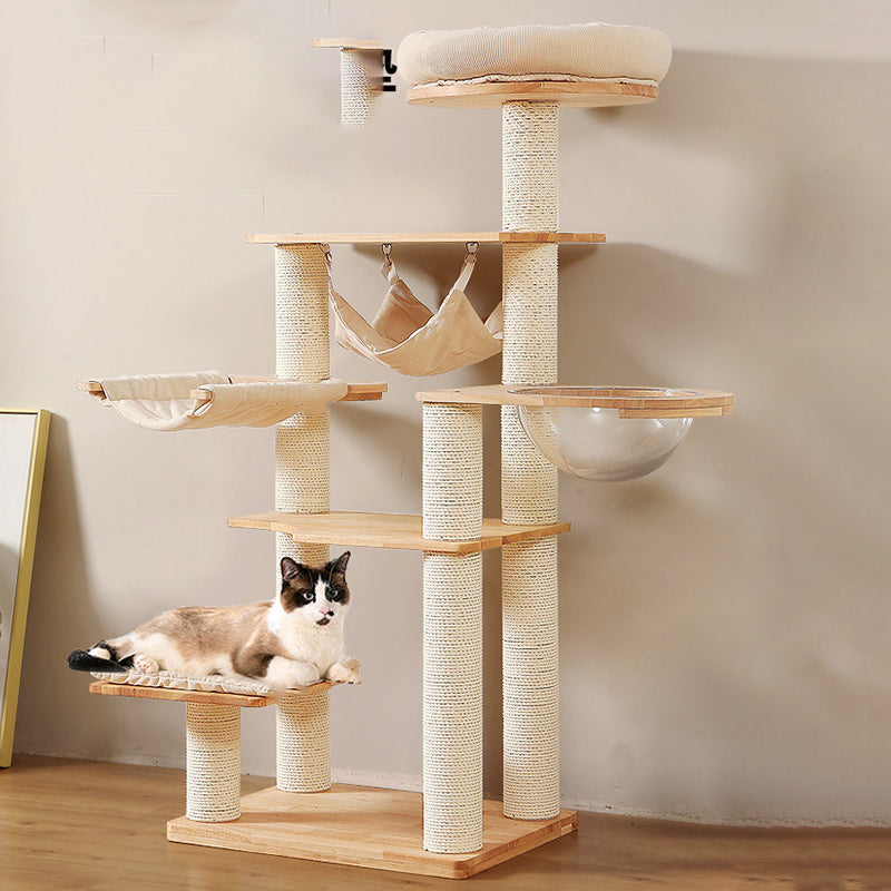 Contemporary Scandinavian Rectangular Rubberwood Pine Wood Pillar Corduroy Kraft Paper Rope Acrylic Cat Tree 5-Tier For Bedroom Cuvalon
