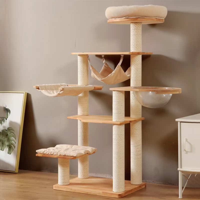 Contemporary Scandinavian Rectangular Rubberwood Pine Wood Pillar Corduroy Kraft Paper Rope Acrylic Cat Tree 5-Tier For Bedroom Cuvalon