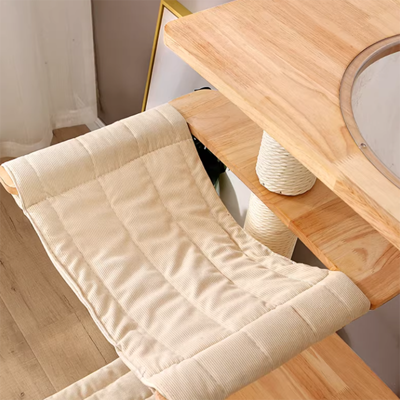 Contemporary Scandinavian Rectangular Rubberwood Pine Wood Pillar Corduroy Kraft Paper Rope Acrylic Cat Tree 5-Tier For Bedroom Cuvalon