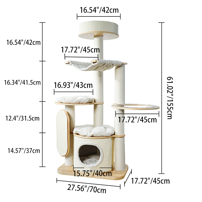 Contemporary Scandinavian Round E0-Grade Plywood Corduroy Hemp Rope Paper Tube Acrylic Cat Tree 5-Tier For Bedroom Cuvalon