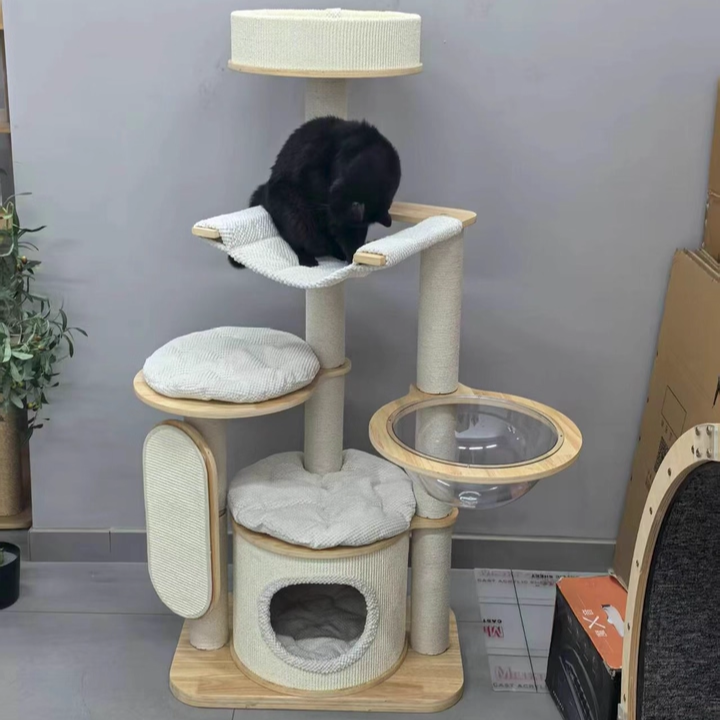 Contemporary Scandinavian Round E0-Grade Plywood Corduroy Hemp Rope Paper Tube Acrylic Cat Tree 5-Tier For Bedroom Cuvalon