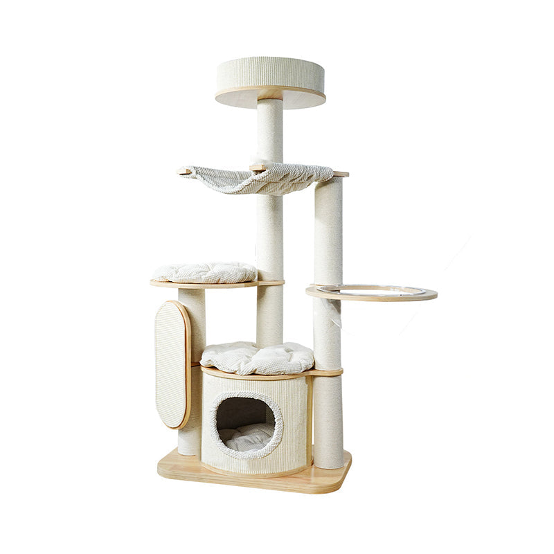Contemporary Scandinavian Round E0-Grade Plywood Corduroy Hemp Rope Paper Tube Acrylic Cat Tree 5-Tier For Bedroom Cuvalon