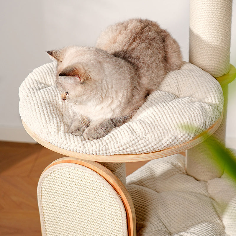 Contemporary Scandinavian Round E0-Grade Plywood Corduroy Hemp Rope Paper Tube Acrylic Cat Tree 5-Tier For Bedroom Cuvalon