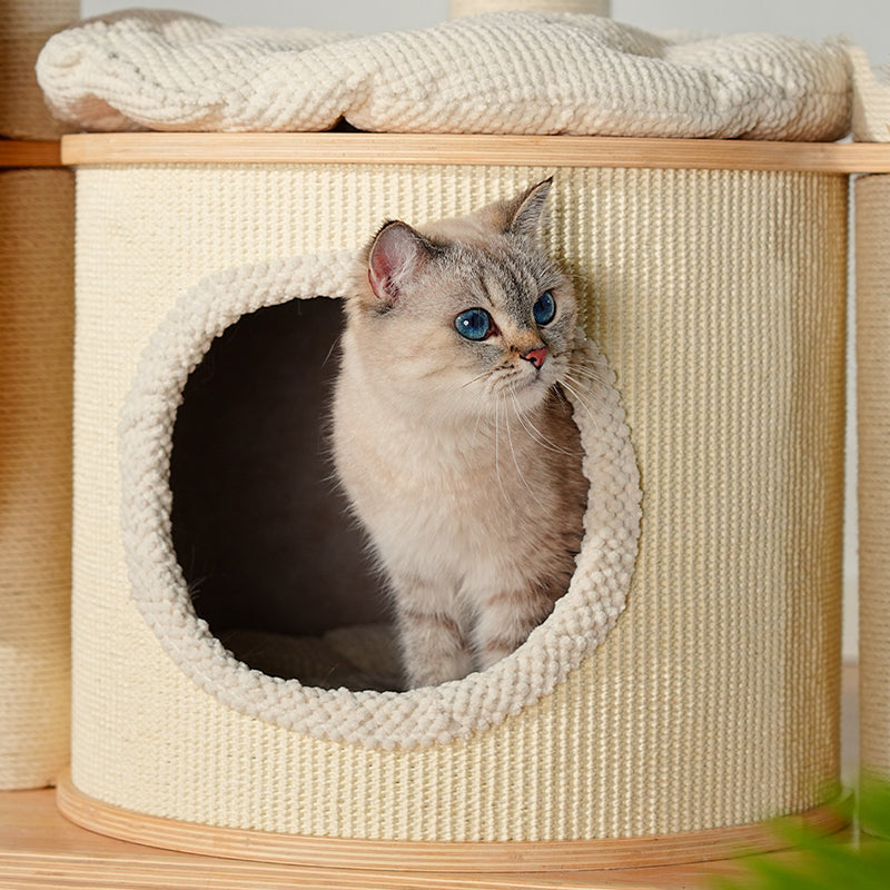 Contemporary Scandinavian Round E0-Grade Plywood Corduroy Hemp Rope Paper Tube Acrylic Cat Tree 5-Tier For Bedroom Cuvalon