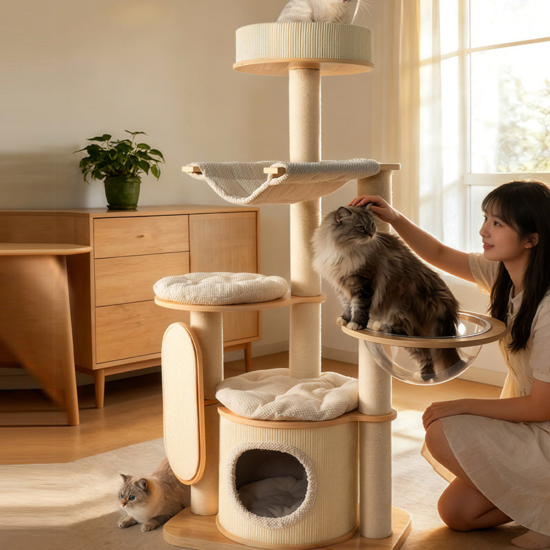 Contemporary Scandinavian Round E0-Grade Plywood Corduroy Hemp Rope Paper Tube Acrylic Cat Tree 5-Tier For Bedroom Cuvalon