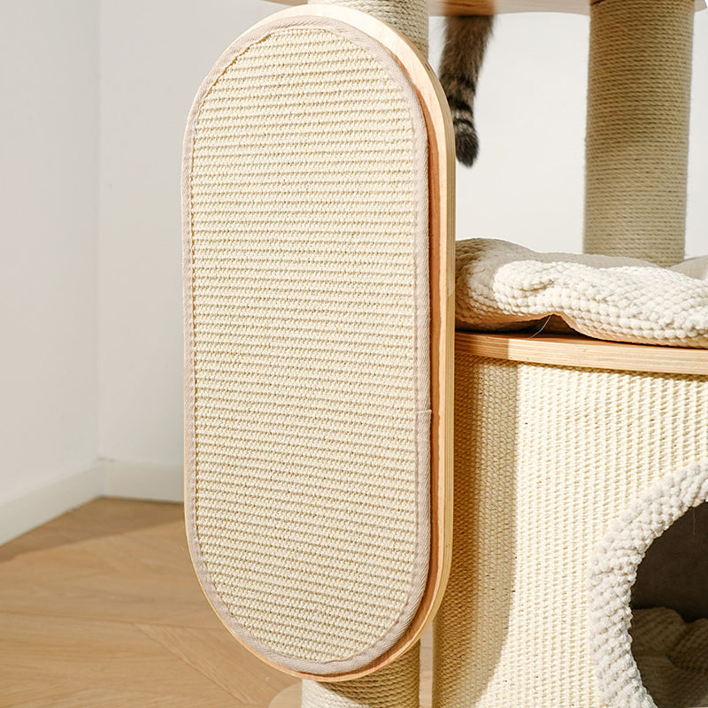 Contemporary Scandinavian Round E0-Grade Plywood Corduroy Hemp Rope Paper Tube Acrylic Cat Tree 5-Tier For Bedroom Cuvalon