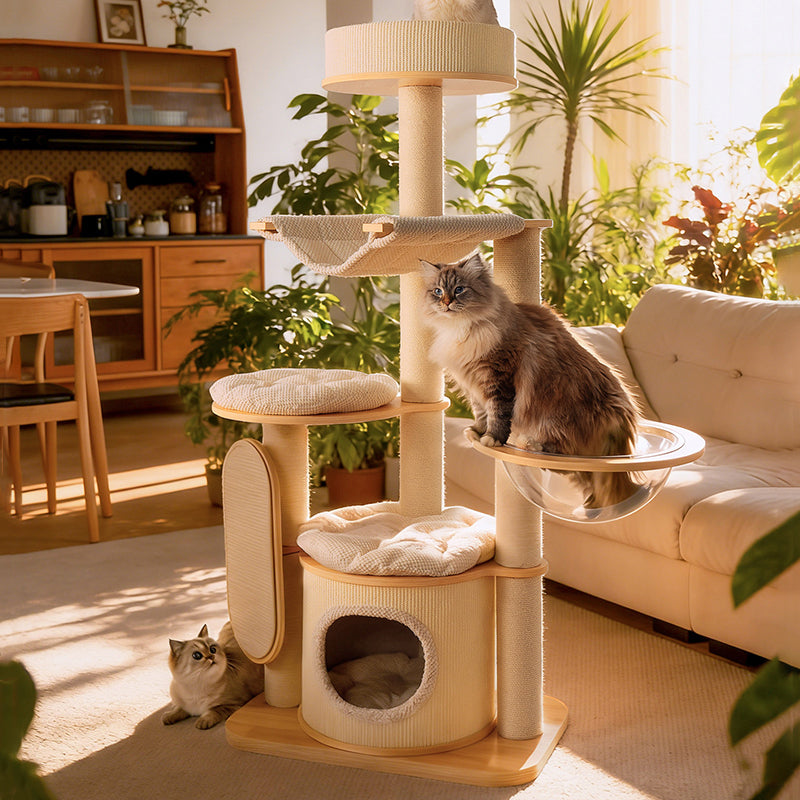 Contemporary Scandinavian Round E0-Grade Plywood Corduroy Hemp Rope Paper Tube Acrylic Cat Tree 5-Tier For Bedroom Cuvalon