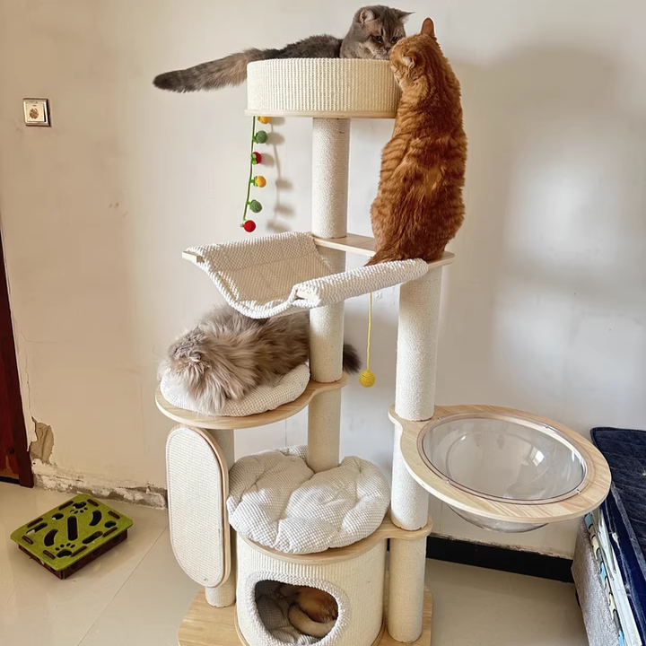 Contemporary Scandinavian Round E0-Grade Plywood Corduroy Hemp Rope Paper Tube Acrylic Cat Tree 5-Tier For Bedroom Cuvalon
