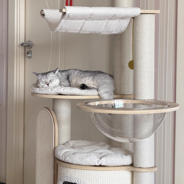 Contemporary Scandinavian Round E0-Grade Plywood Corduroy Hemp Rope Paper Tube Acrylic Cat Tree 5-Tier For Bedroom Cuvalon