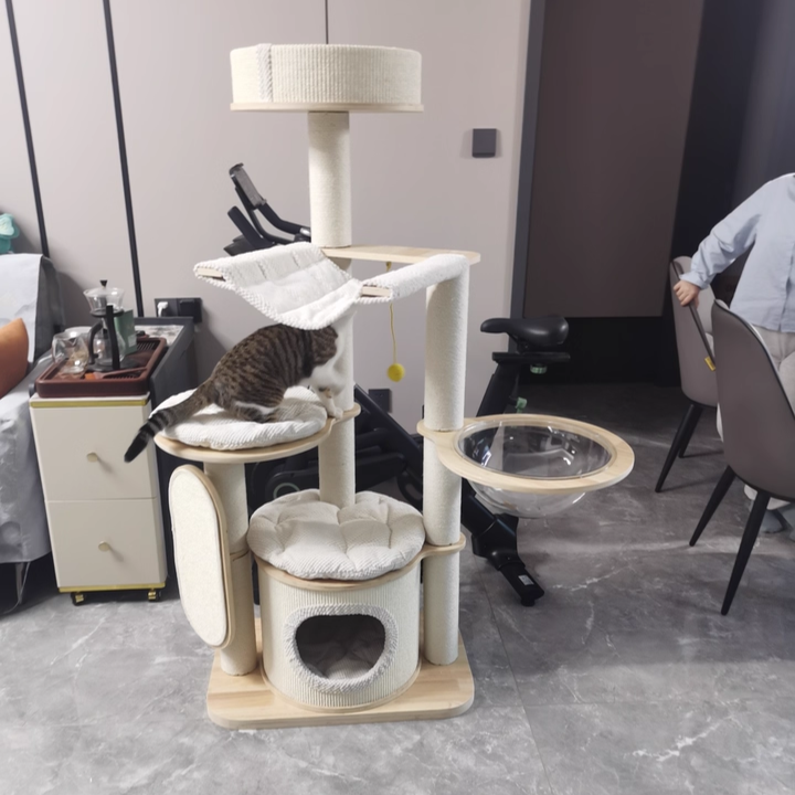 Contemporary Scandinavian Round E0-Grade Plywood Corduroy Hemp Rope Paper Tube Acrylic Cat Tree 5-Tier For Bedroom Cuvalon
