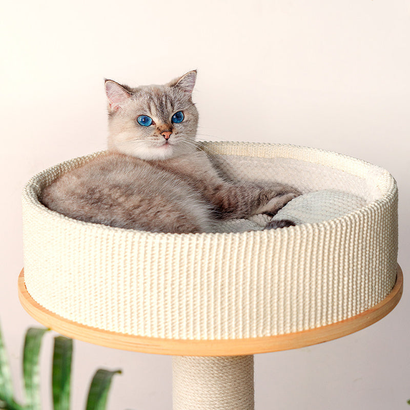 Contemporary Scandinavian Round E0-Grade Plywood Corduroy Hemp Rope Paper Tube Acrylic Cat Tree 5-Tier For Bedroom Cuvalon