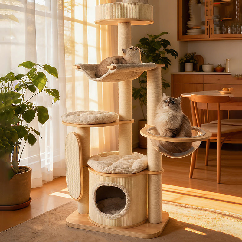 Contemporary Scandinavian Round E0-Grade Plywood Corduroy Hemp Rope Paper Tube Acrylic Cat Tree 5-Tier For Bedroom Cuvalon