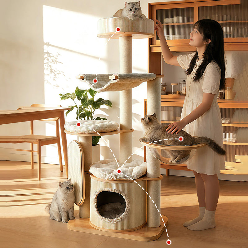 Contemporary Scandinavian Round E0-Grade Plywood Corduroy Hemp Rope Paper Tube Acrylic Cat Tree 5-Tier For Bedroom Cuvalon