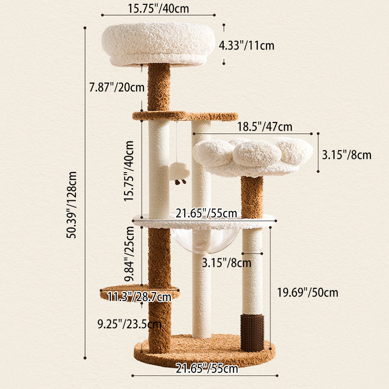 Contemporary Scandinavian Round Medium-Density Fiberboard Velvet Fabric Hemp Rope Paper Tube Acrylic Cat Tree 5-Tier For Bedroom Cuvalon