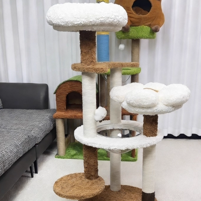 Contemporary Scandinavian Round Medium-Density Fiberboard Velvet Fabric Hemp Rope Paper Tube Acrylic Cat Tree 5-Tier For Bedroom Cuvalon