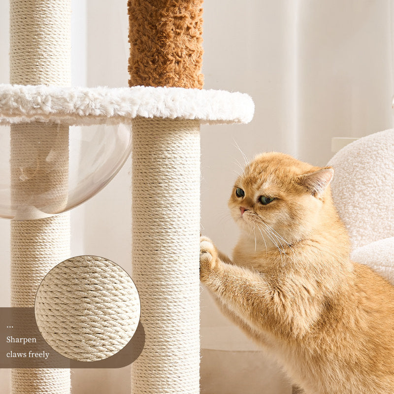 Contemporary Scandinavian Round Medium-Density Fiberboard Velvet Fabric Hemp Rope Paper Tube Acrylic Cat Tree 5-Tier For Bedroom Cuvalon