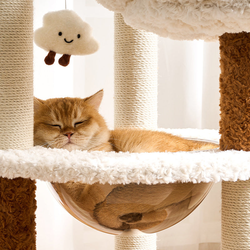Contemporary Scandinavian Round Medium-Density Fiberboard Velvet Fabric Hemp Rope Paper Tube Acrylic Cat Tree 5-Tier For Bedroom Cuvalon