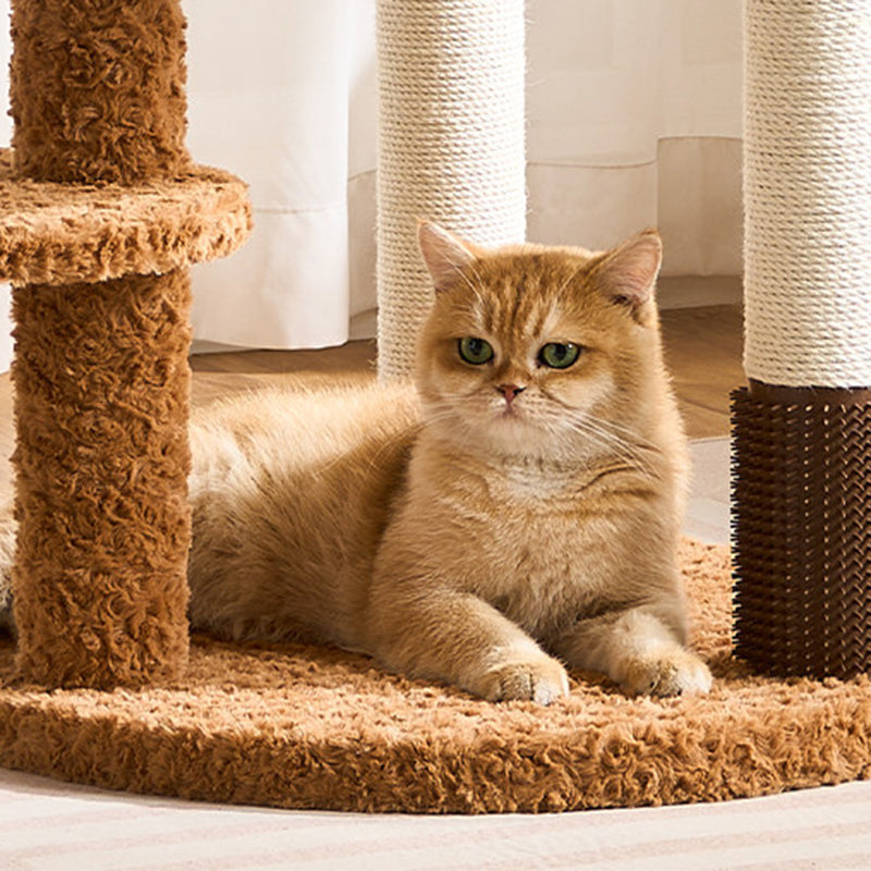Contemporary Scandinavian Round Medium-Density Fiberboard Velvet Fabric Hemp Rope Paper Tube Acrylic Cat Tree 5-Tier For Bedroom Cuvalon