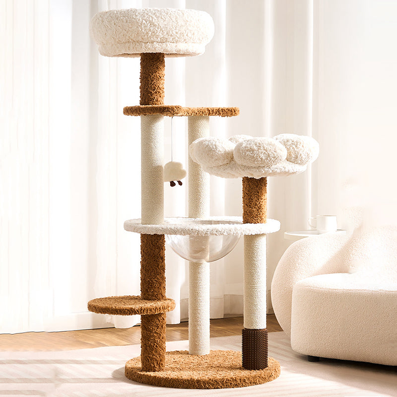 Contemporary Scandinavian Round Medium-Density Fiberboard Velvet Fabric Hemp Rope Paper Tube Acrylic Cat Tree 5-Tier For Bedroom Cuvalon