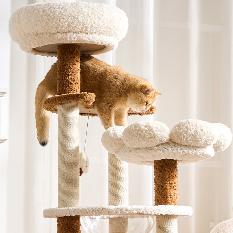 Contemporary Scandinavian Round Medium-Density Fiberboard Velvet Fabric Hemp Rope Paper Tube Acrylic Cat Tree 5-Tier For Bedroom Cuvalon