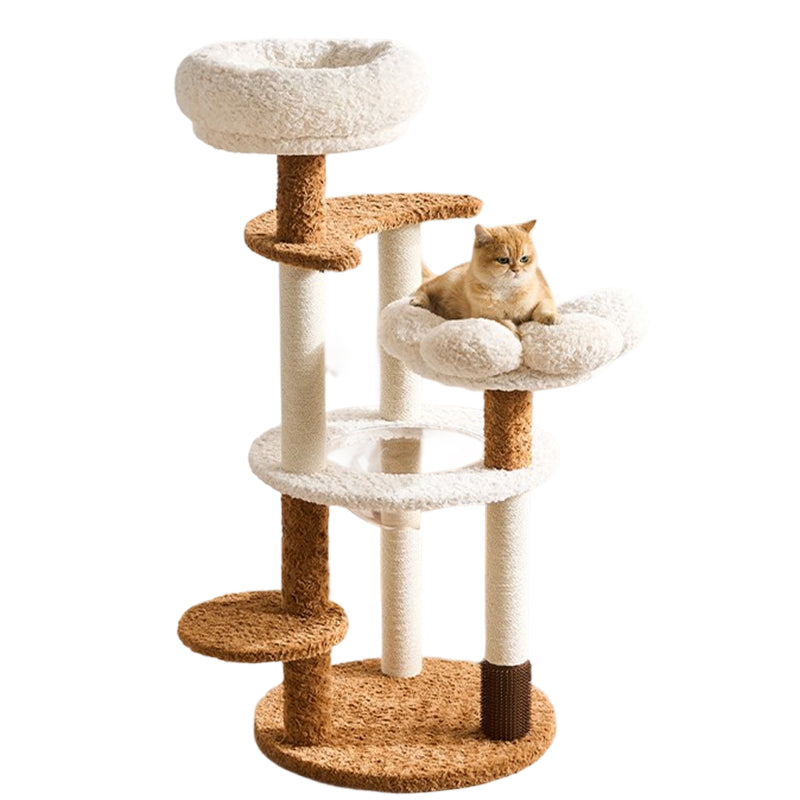 Contemporary Scandinavian Round Medium-Density Fiberboard Velvet Fabric Hemp Rope Paper Tube Acrylic Cat Tree 5-Tier For Bedroom Cuvalon