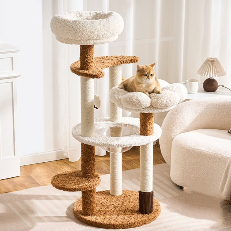 Contemporary Scandinavian Round Medium-Density Fiberboard Velvet Fabric Hemp Rope Paper Tube Acrylic Cat Tree 5-Tier For Bedroom Cuvalon