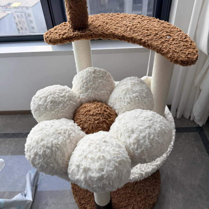 Contemporary Scandinavian Round Medium-Density Fiberboard Velvet Fabric Hemp Rope Paper Tube Acrylic Cat Tree 5-Tier For Bedroom Cuvalon