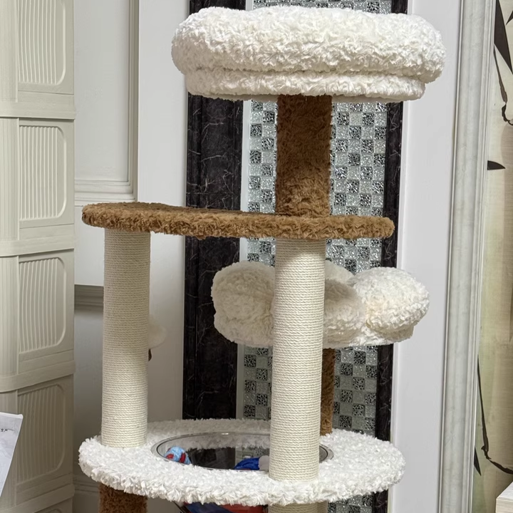 Contemporary Scandinavian Round Medium-Density Fiberboard Velvet Fabric Hemp Rope Paper Tube Acrylic Cat Tree 5-Tier For Bedroom Cuvalon