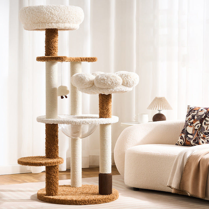 Contemporary Scandinavian Round Medium-Density Fiberboard Velvet Fabric Hemp Rope Paper Tube Acrylic Cat Tree 5-Tier For Bedroom Cuvalon