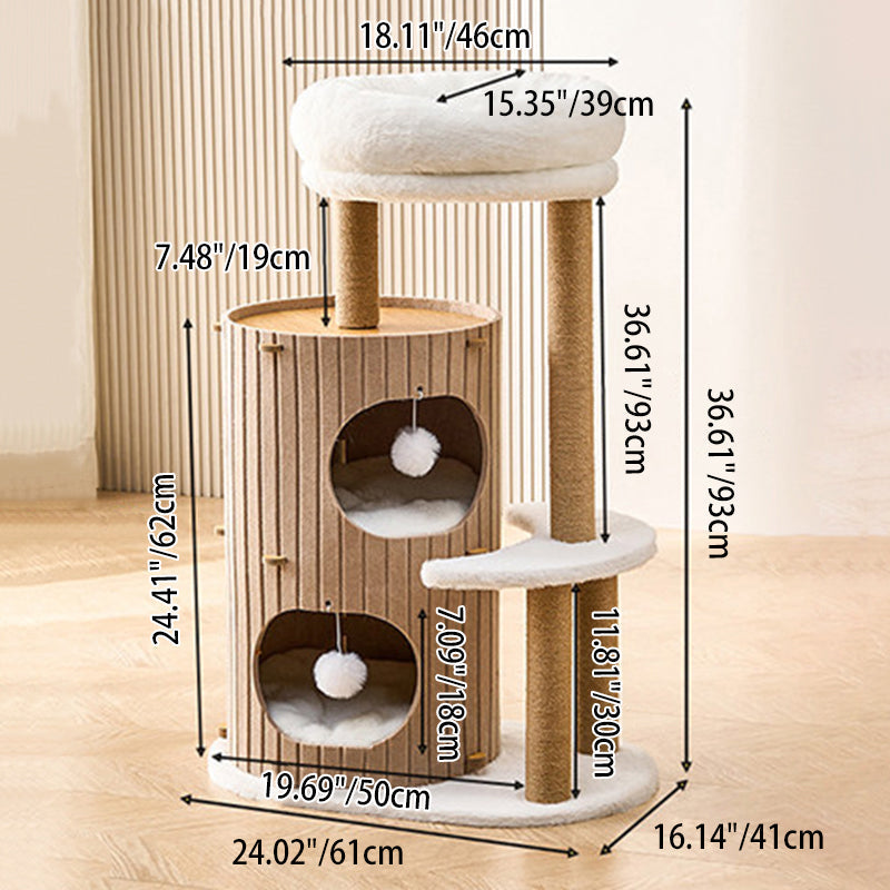 Contemporary Scandinavian Round Medium-Density Fiberboard Hemp Rope Paper Tube Velvet Fabric Felt Cat Tree 4-Tier For Bedroom Cuvalon