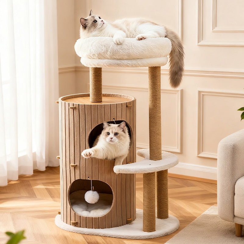 Contemporary Scandinavian Round Medium-Density Fiberboard Hemp Rope Paper Tube Velvet Fabric Felt Cat Tree 4-Tier For Bedroom Cuvalon