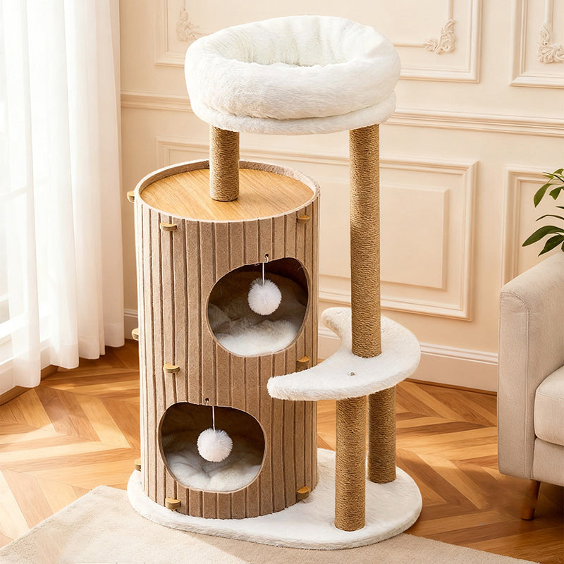 Contemporary Scandinavian Round Medium-Density Fiberboard Hemp Rope Paper Tube Velvet Fabric Felt Cat Tree 4-Tier For Bedroom Cuvalon