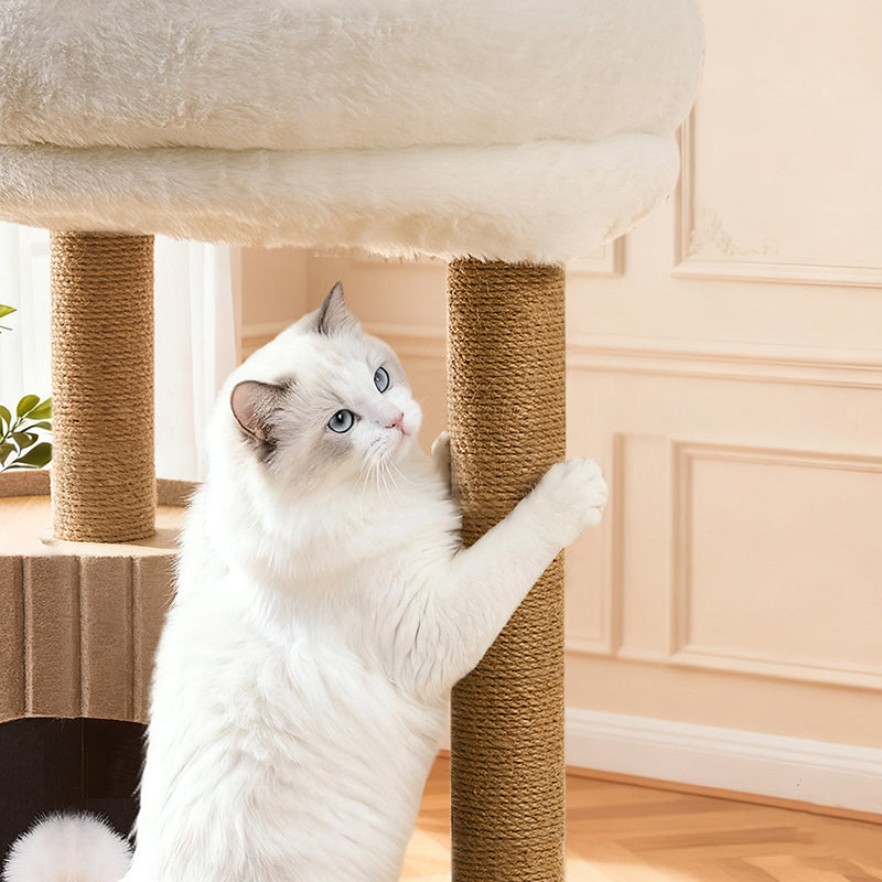Contemporary Scandinavian Round Medium-Density Fiberboard Hemp Rope Paper Tube Velvet Fabric Felt Cat Tree 4-Tier For Bedroom Cuvalon